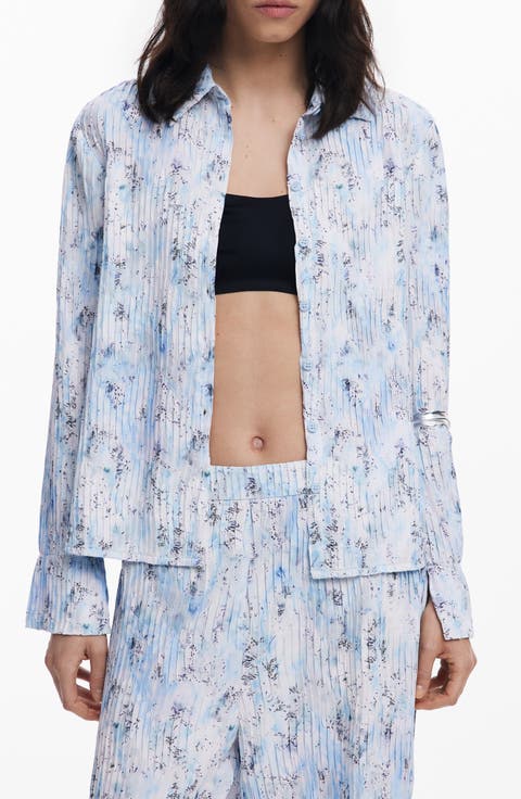 Abstract Print Plissé Button-Up Shirt