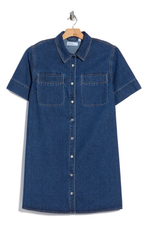 Short Sleeve Denim Shirtdress (Plus)
