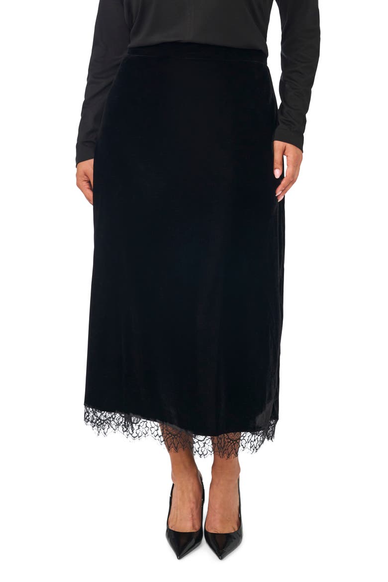 Lace Trim Velvet Midi Skirt, Main, color, RICH BLACK 060