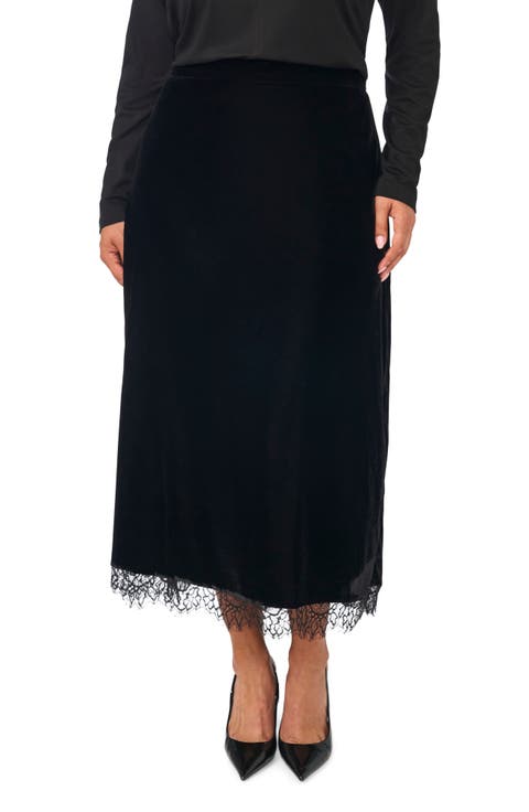 Lace Trim Velvet Midi Skirt