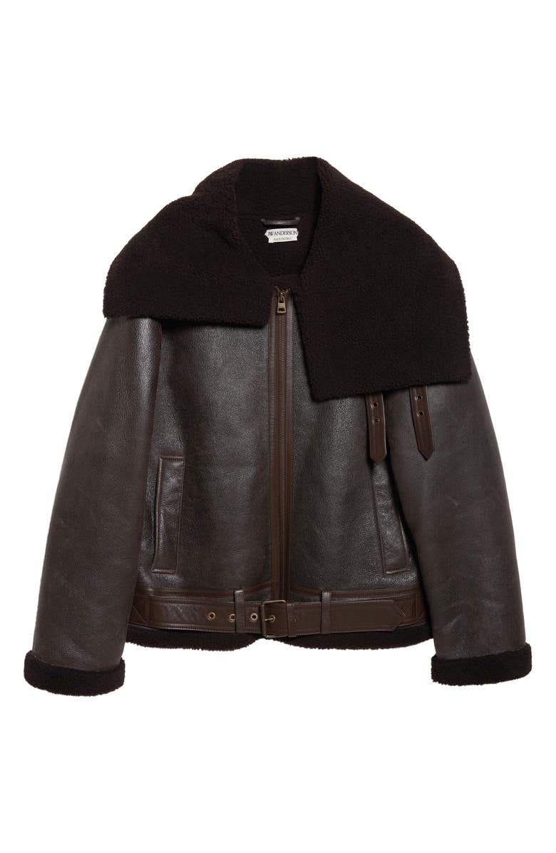 JW Anderson Belted Lambskin & Genuine Shearling Aviator Jacket, Main, color, Chocolate Brown/ Brown