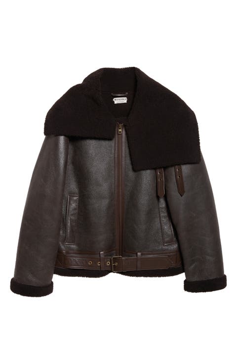 Belted Lambskin & Genuine Shearling Aviator Jacket