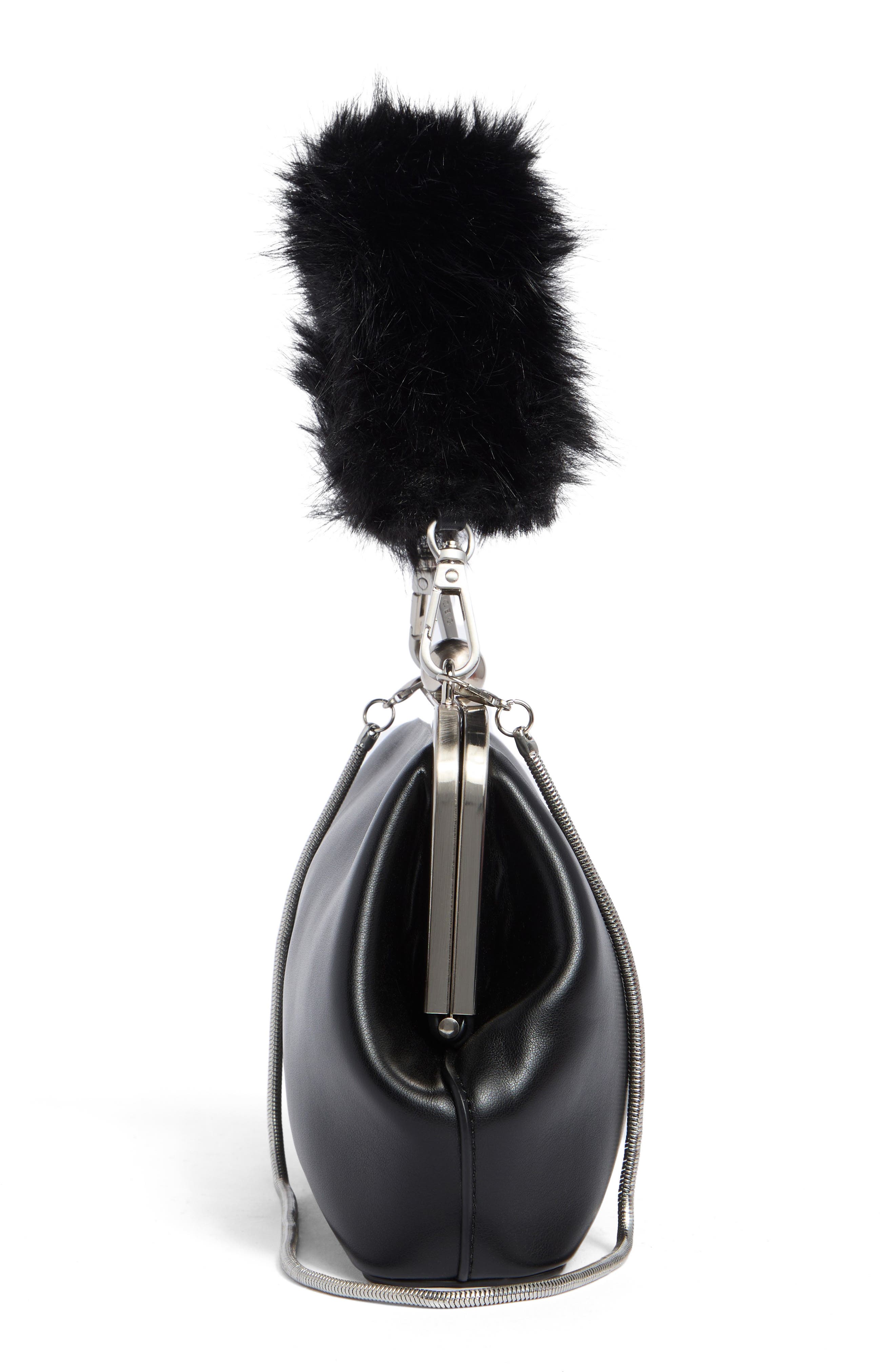 Faux Fur Handle Faux Leather Frame Clutch, Alternate, color, BLACK