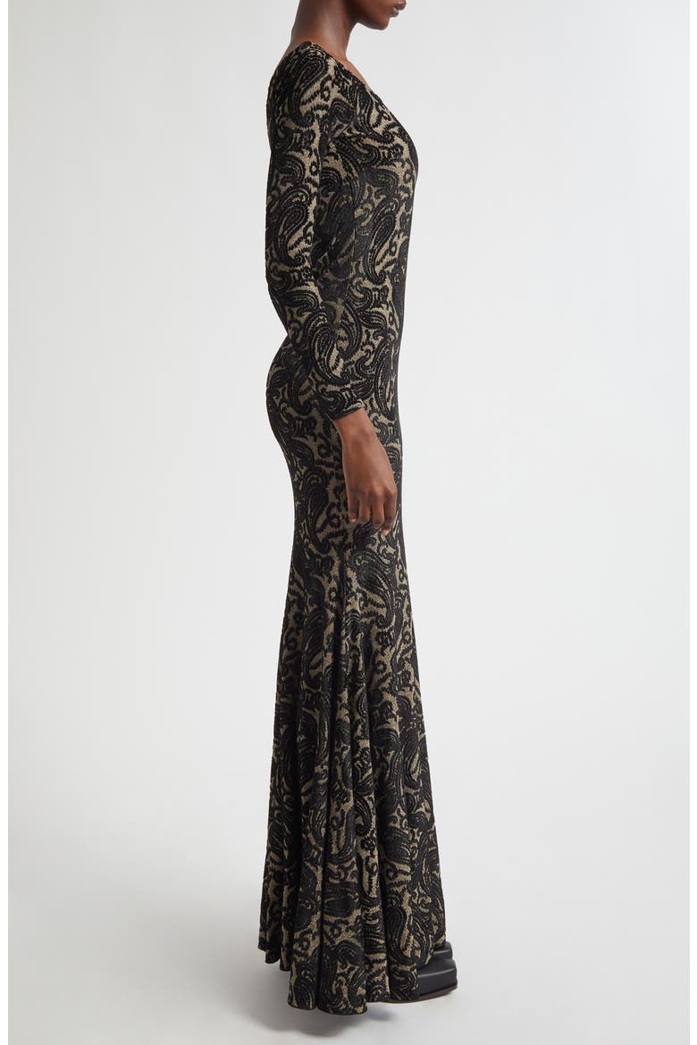 Long Sleeve Metallic Paisley Chenille Gown, Alternate, color, ORO