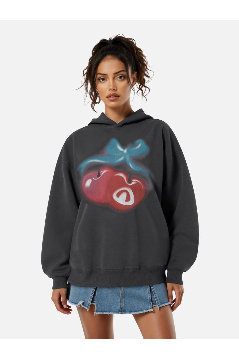 Oversized Cherry Pattern Pullover Hoodie, Main, color, Grey