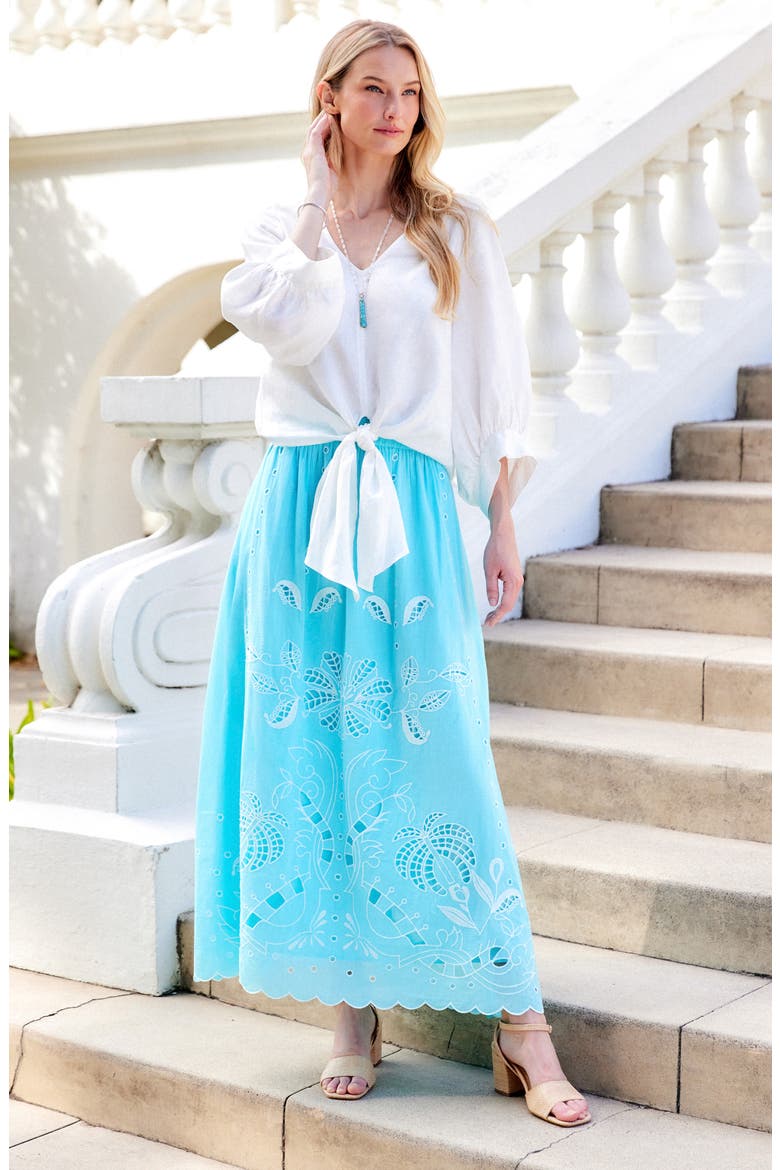 Embroidered Eyelet Cotton Midi Skirt, Alternate, color, AQUA