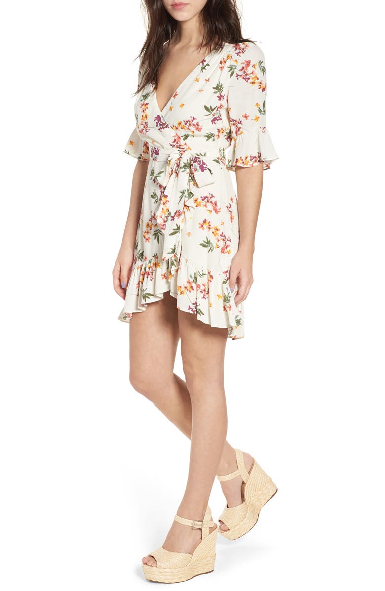 Lost + Wander Regina Floral Wrap Minidress, Main, color,