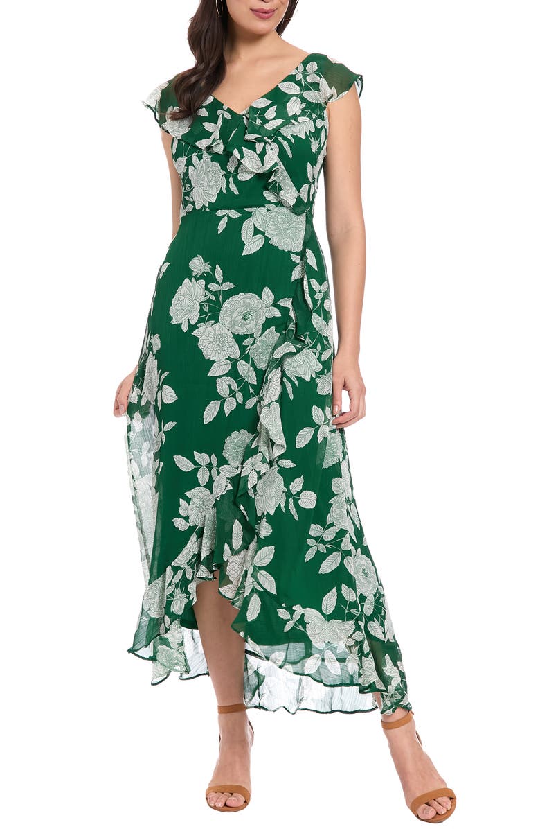 London Times Ruffle Trim High/Low Maxi Dress, Main, color, Dark Green/ White