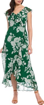 London Times Ruffle Trim High/Low Maxi Dress