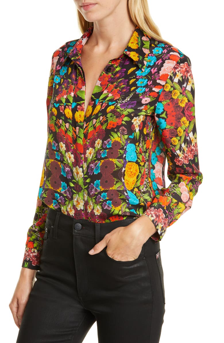 Alice + Olivia Willa Floral Pleated Placket Silk Blouse, Alternate, color,