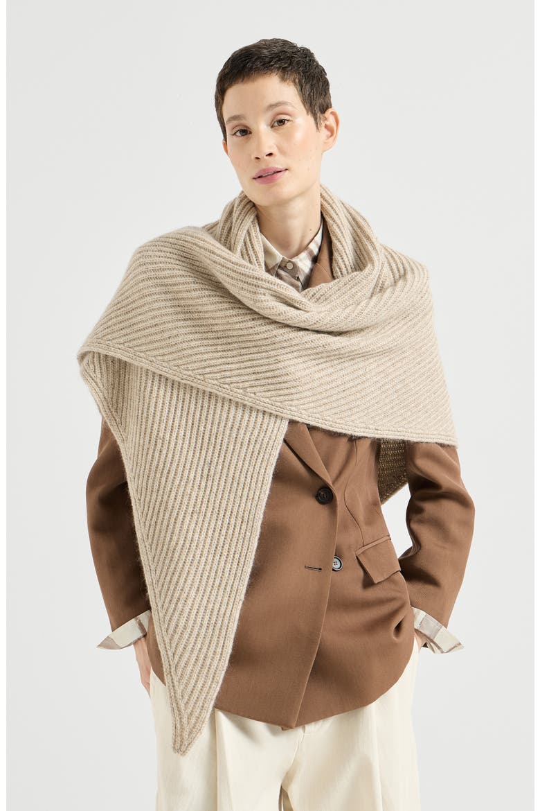 Sparkling cashmere, wool and mohair rib knit shawl, Main, color, Ecru