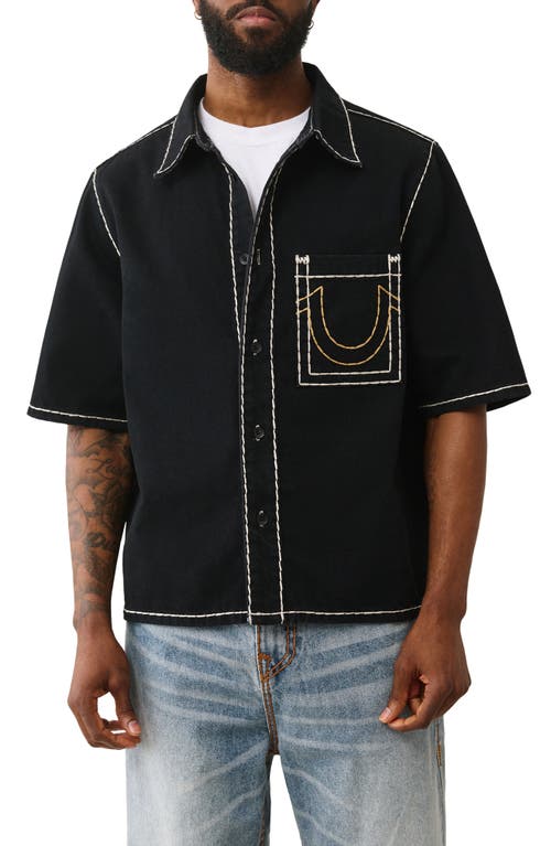 True Religion Super T Oversize Short Sleeve Denim Button-up Shirt In Black