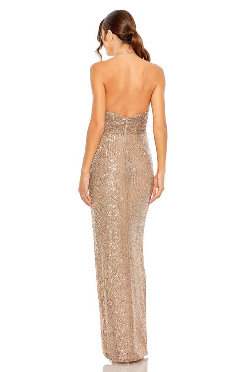 Mac Duggal One Shoulder Ruched Side Front Slit Sequin Gown In Copper