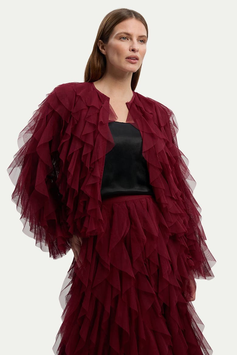 Tulle Ruffle Detail Woven Jacket, Main, color, Cabernet
