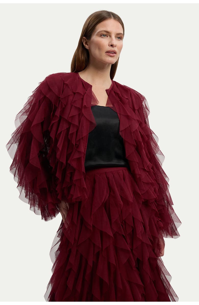 Karen Millen Tulle Ruffle Detail Woven Jacket, Main, color, Cabernet