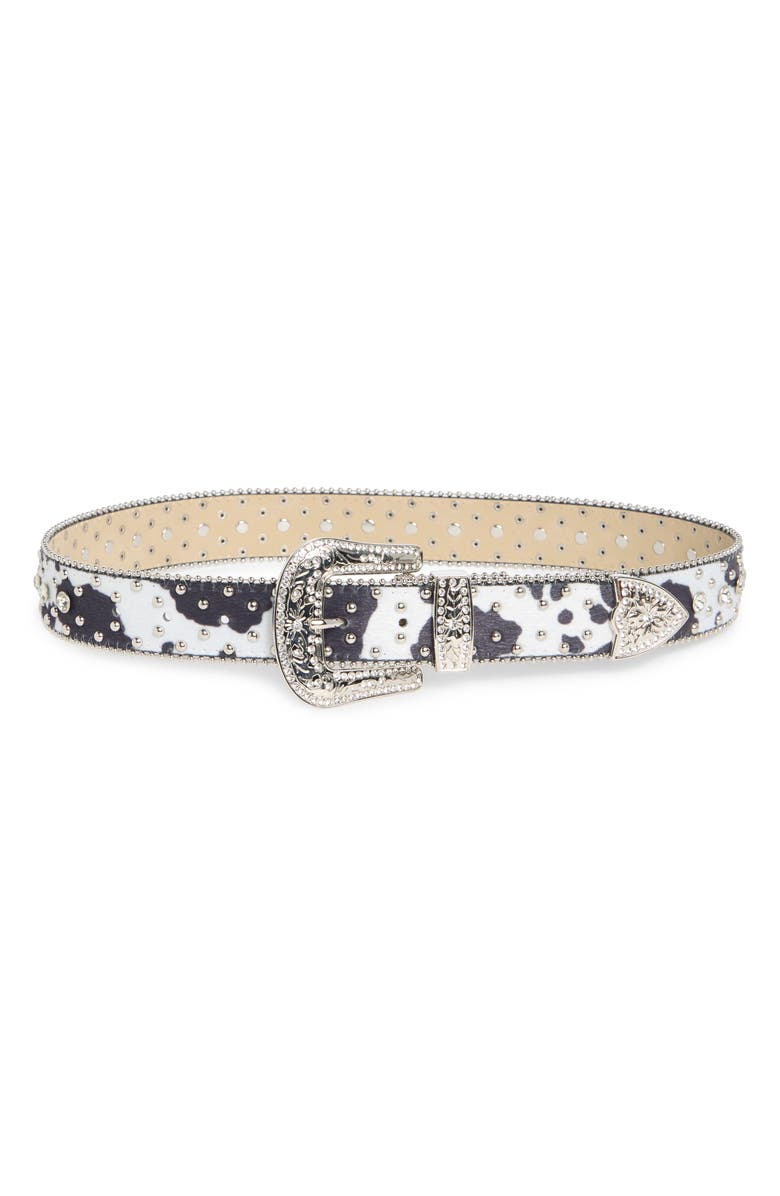 Vince Camuto Western Studded Animal Print Belt, Main, color, Black/ White