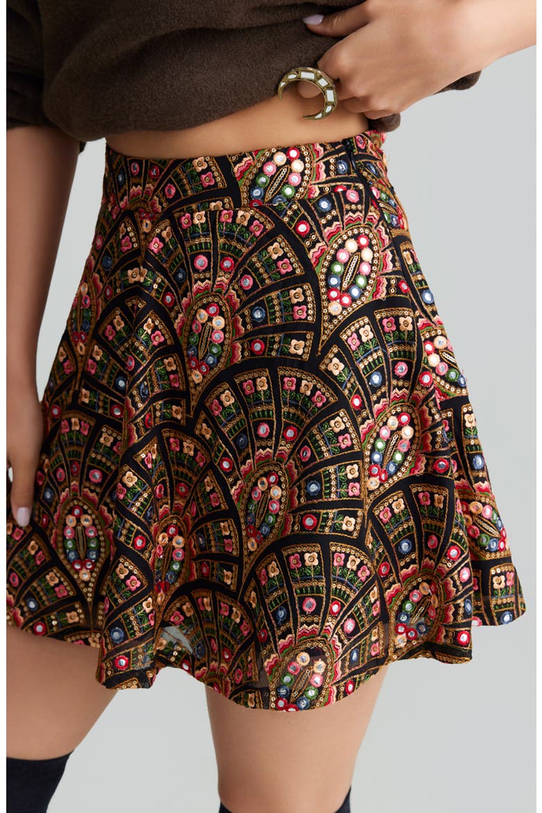 Riley Embroidered Foil Miniskirt, Alternate, color, BLACK
