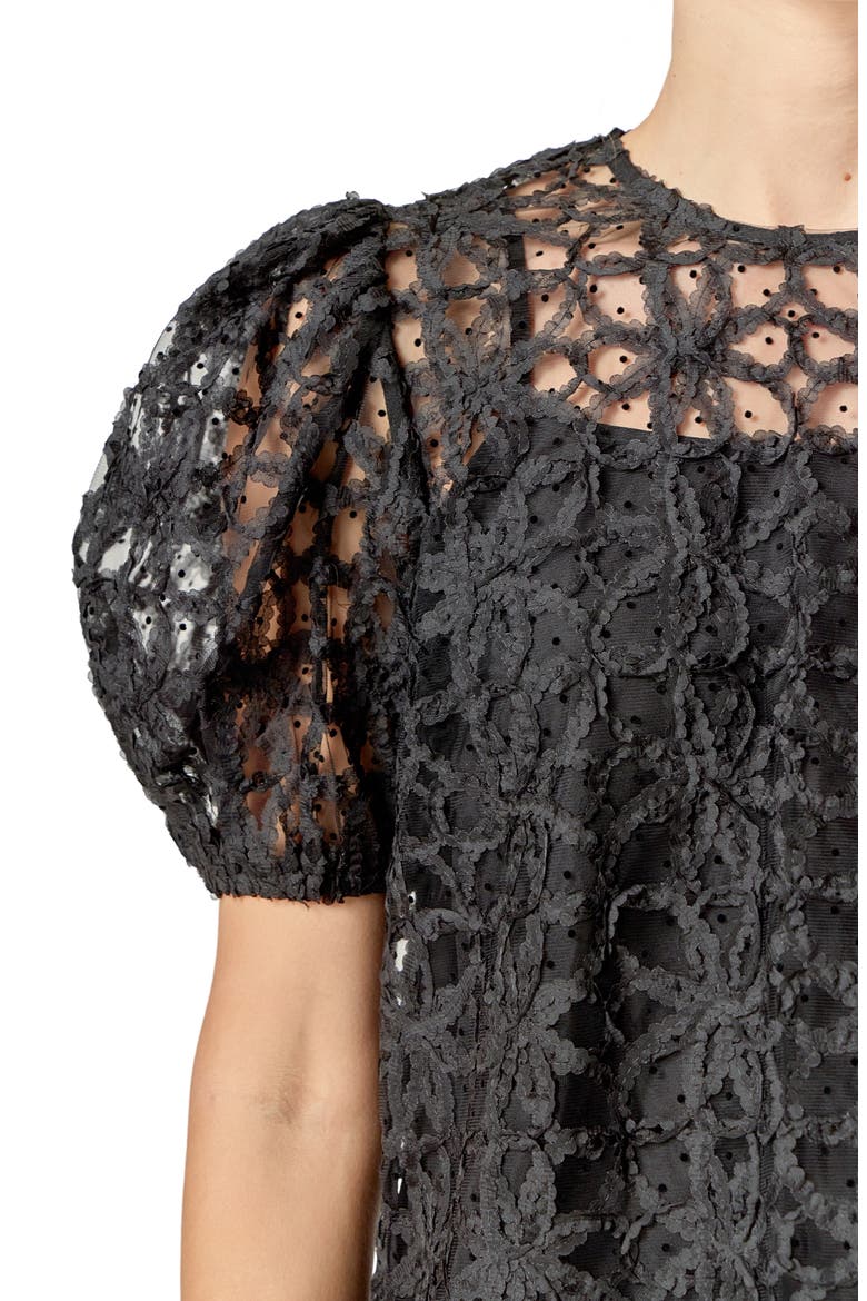 Floral Texture Puff Sleeve Top, Alternate, color, BLACK