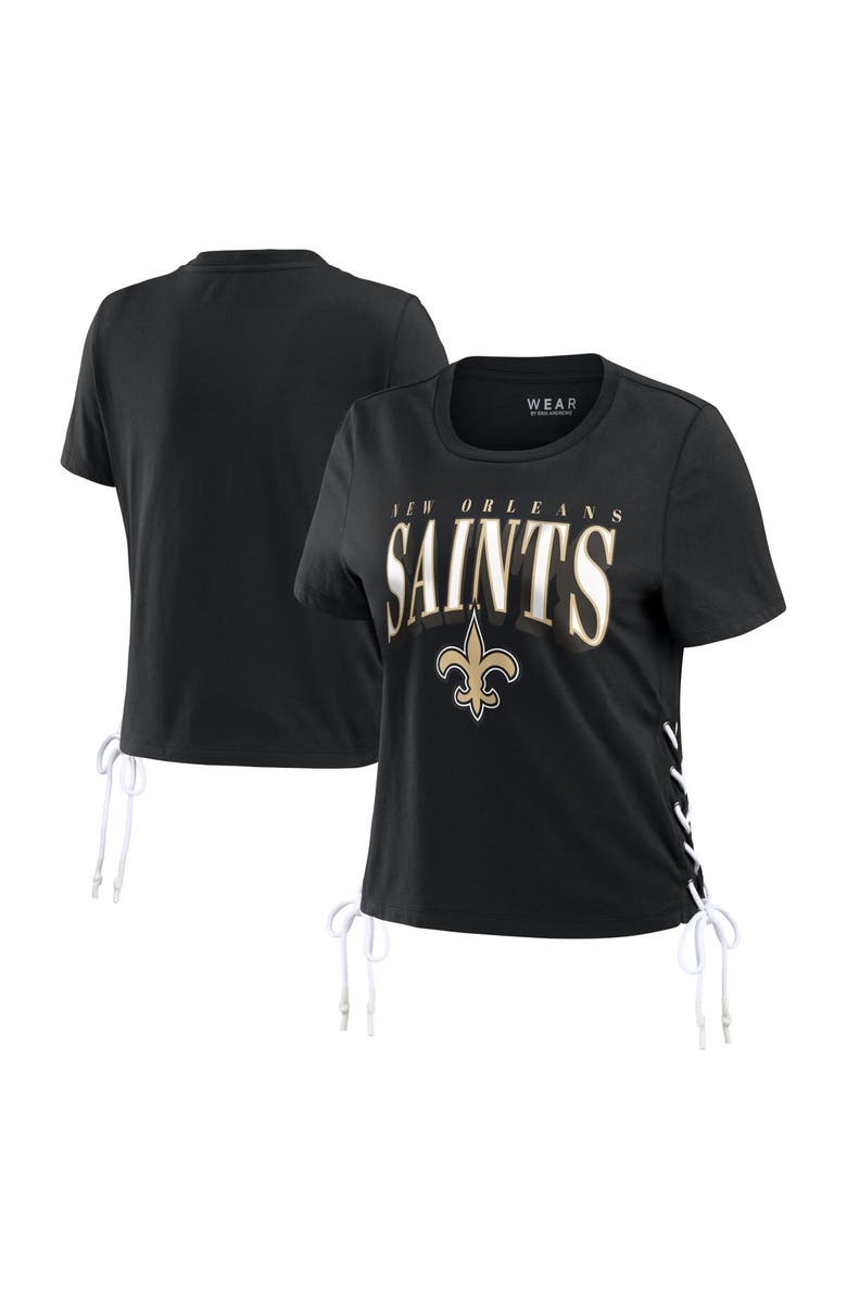 WEAR by Erin Andrews Women's WEAR by Erin Andrews Black New Orleans Saints Lace Up Side Modest Cropped T-Shirt, Alternate, color, Black
