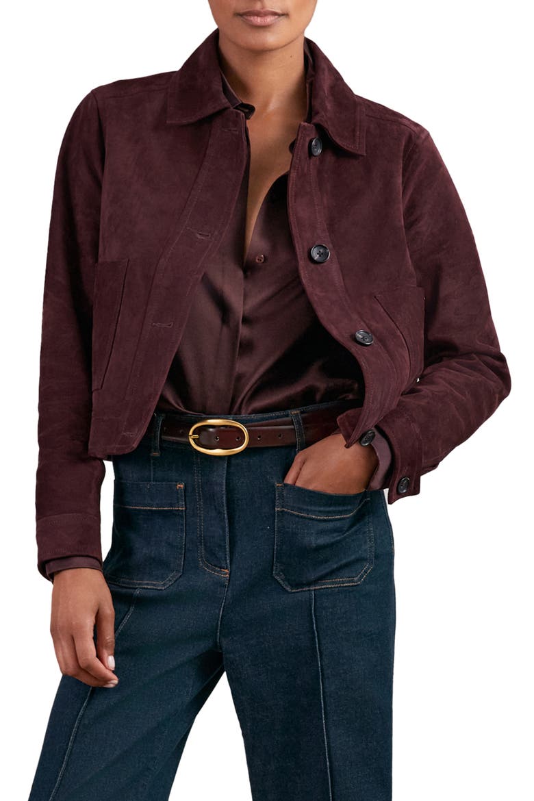 Sonny Crop Faux Suede Jacket, Main, color, BURGUNDY