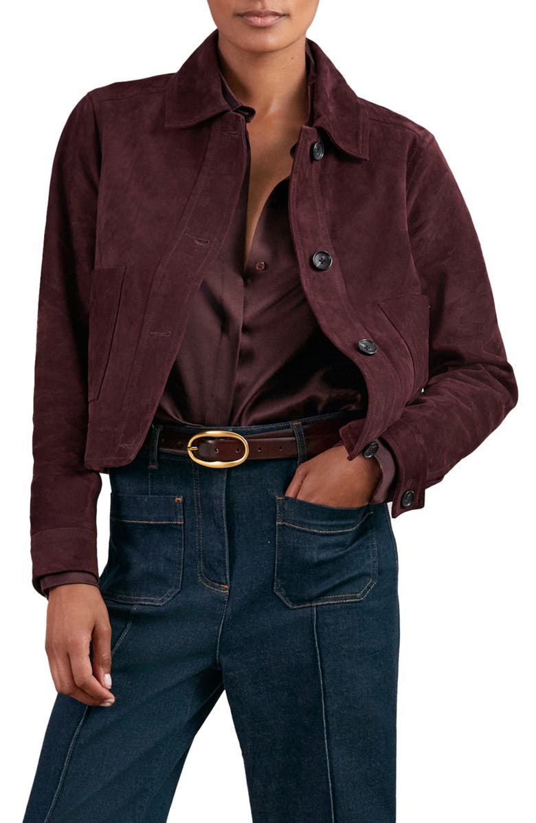 Reiss Sonny Crop Faux Suede Jacket, Main, color, Burgundy