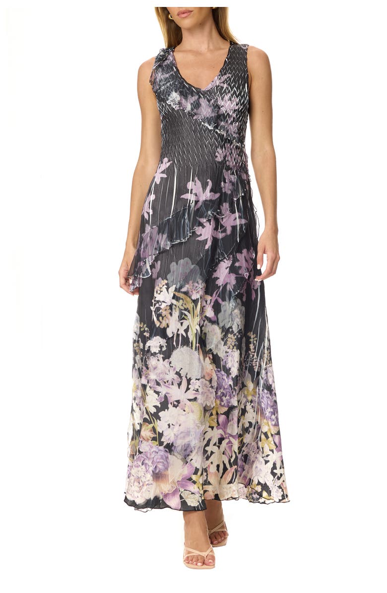 Komarov Border Print Chiffon and Chrarmeuse Long Dress, Main, color, Orchid Border