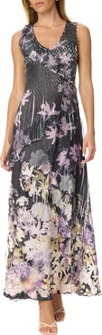 Komarov Border Print Chiffon and Chrarmeuse Long Dress