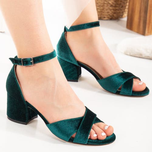 Forever & Always Shoes Women's Aurora - Green Velvet Low Heel Sandals In Emerald Green