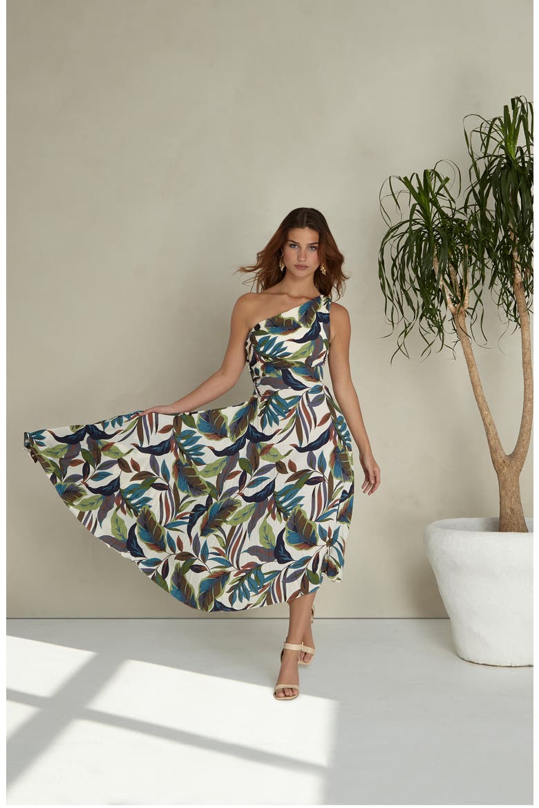Pleated One-Shoulder Dress, Alternate, color, IVORY MULTI