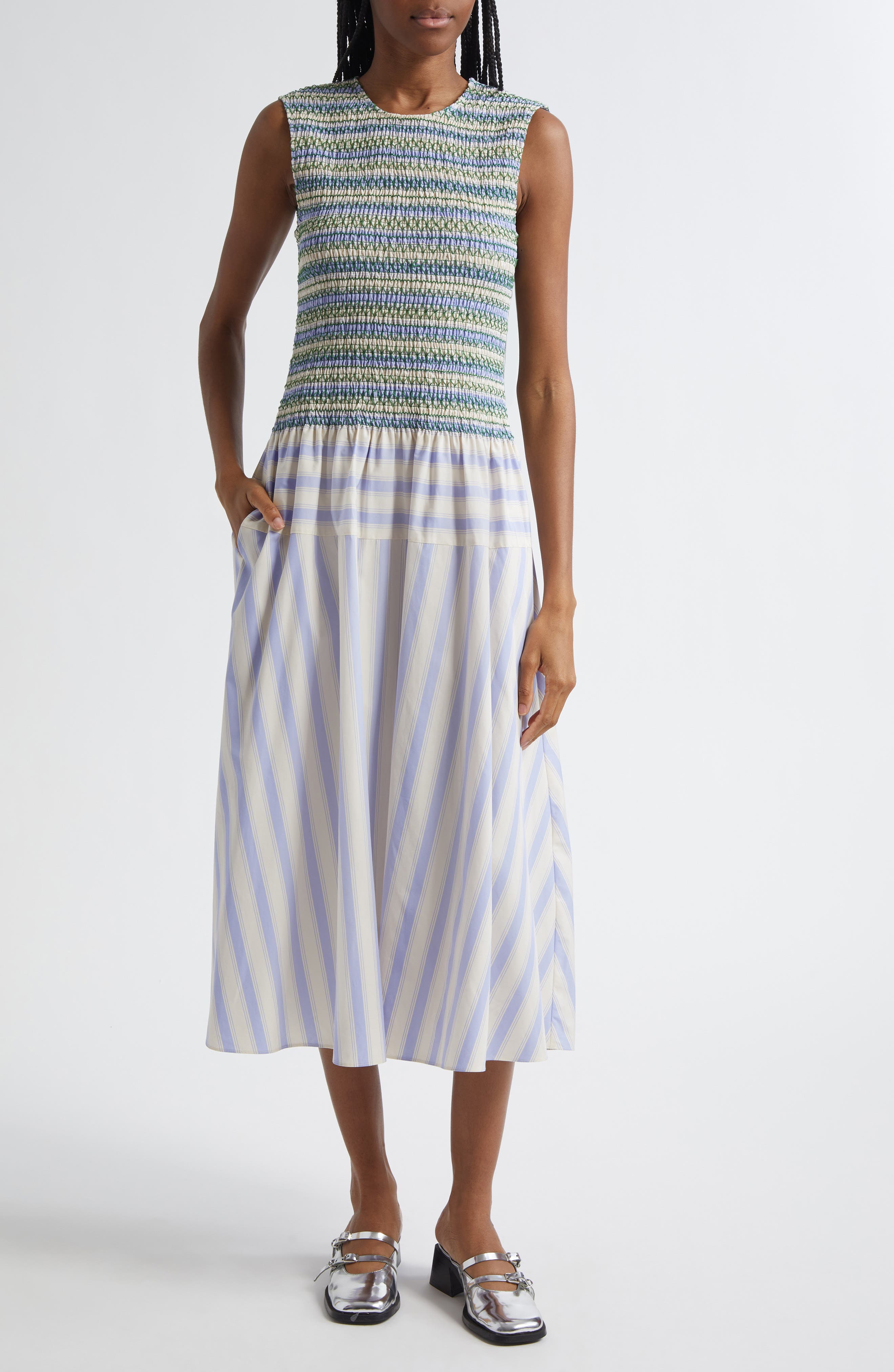 Stine Goya Mixed Stripe Smock Bodice Organic Cotton Dress