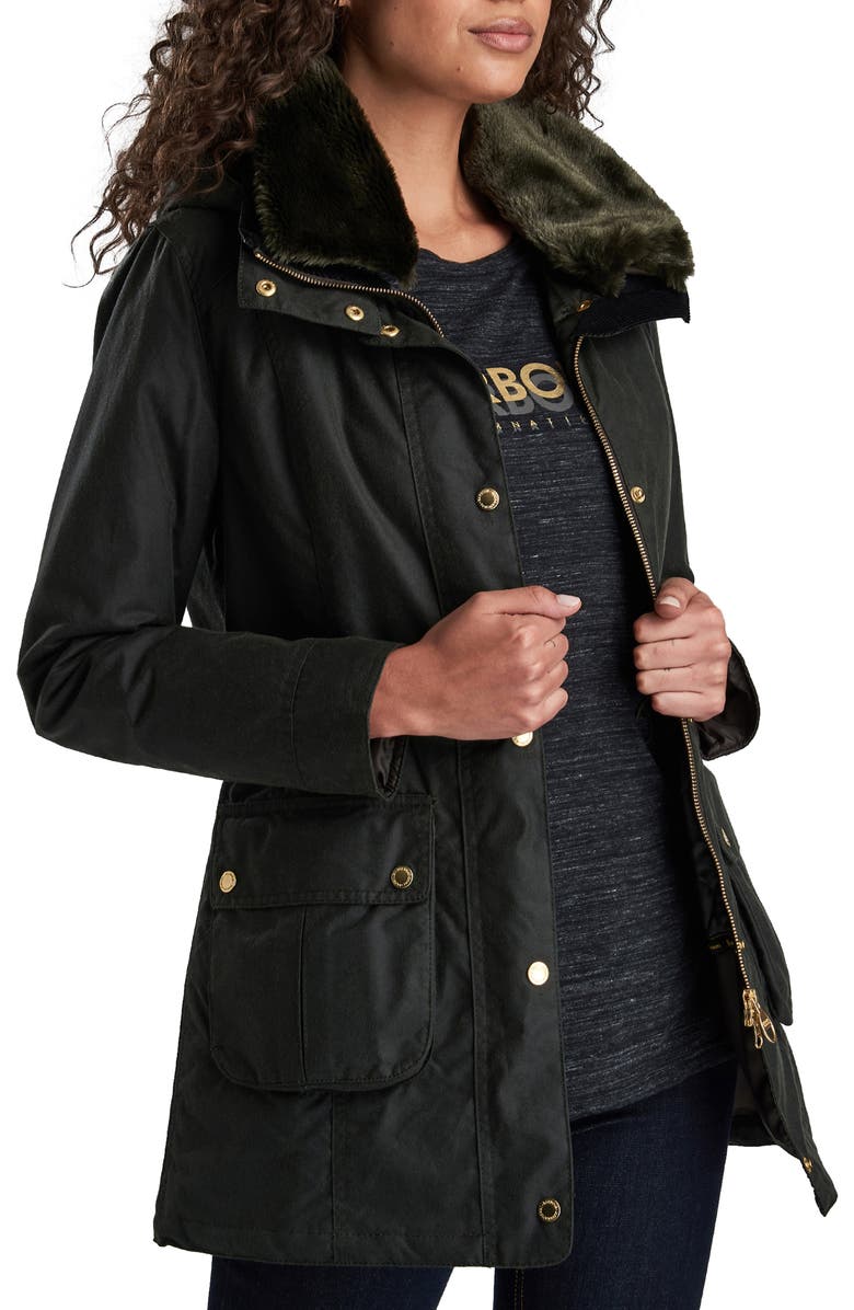 Barbour Thrunton Waxed Cotton Jacket with Faux Fur Trim, Main, color,