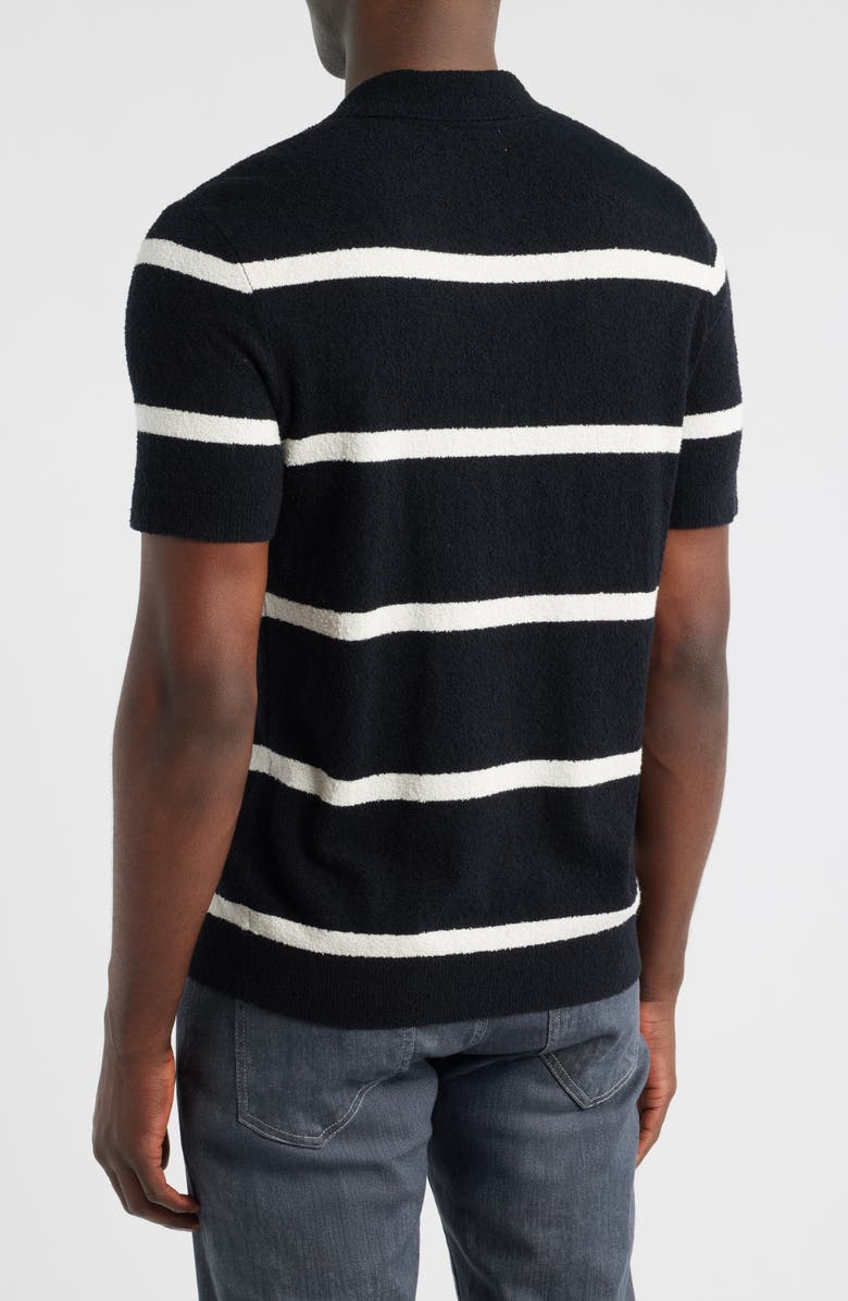 Nordstrom Johnny Collar Short Sleeve Bouclé Sweater Polo, Alternate, color, Black Cooper Stripe