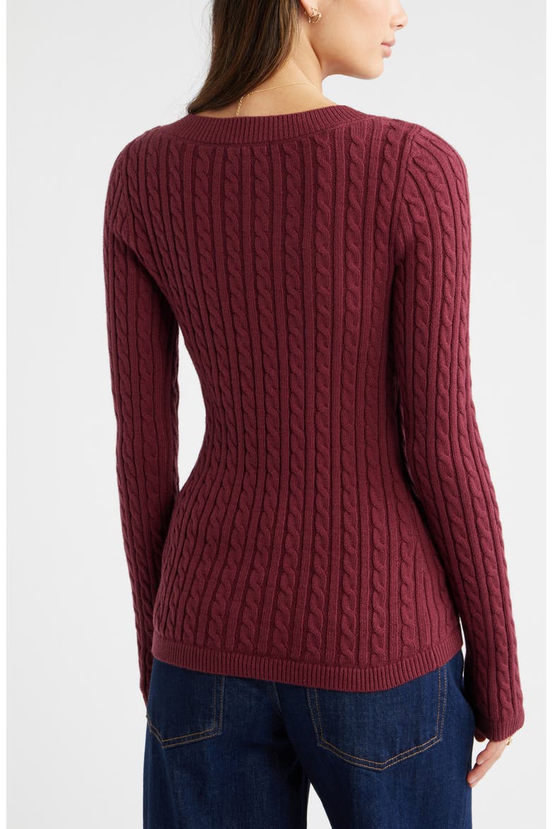 Cable Stitch V-Neck Sweater, Alternate, color, BURGUNDY TANNIN