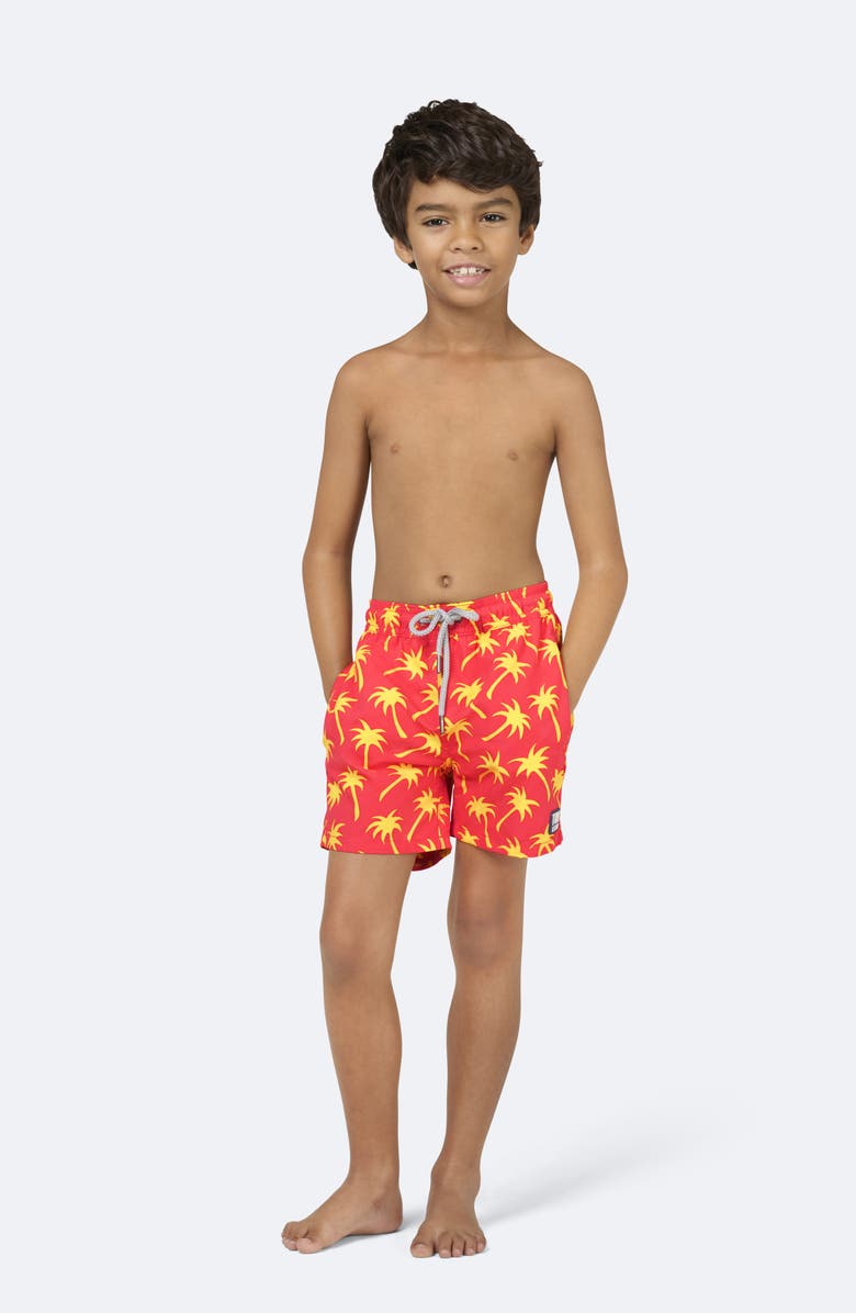 Tom & Teddy Kids' Palm Tree Print Swim Trunks, Alternate, color, Coral & Lime