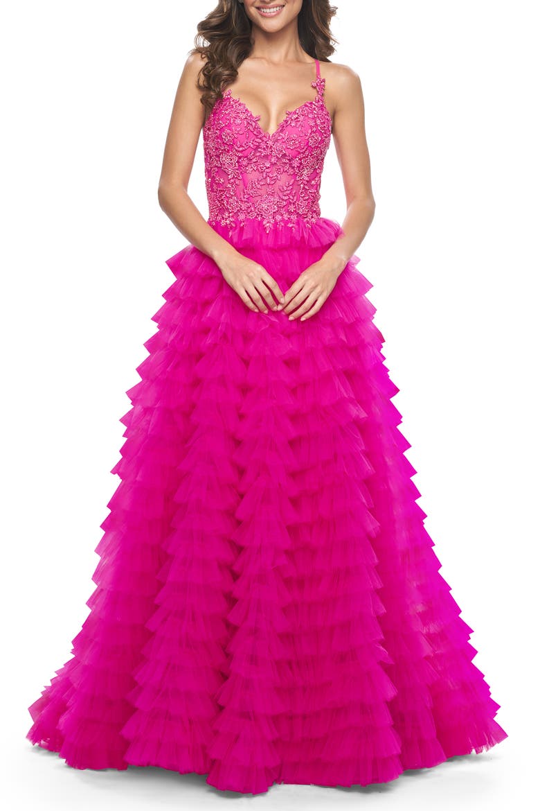Neon Ruffle Tulle Prom Gown with Illusion Lace Bodice and High Slit, Alternate, color, Hot Fuchsia