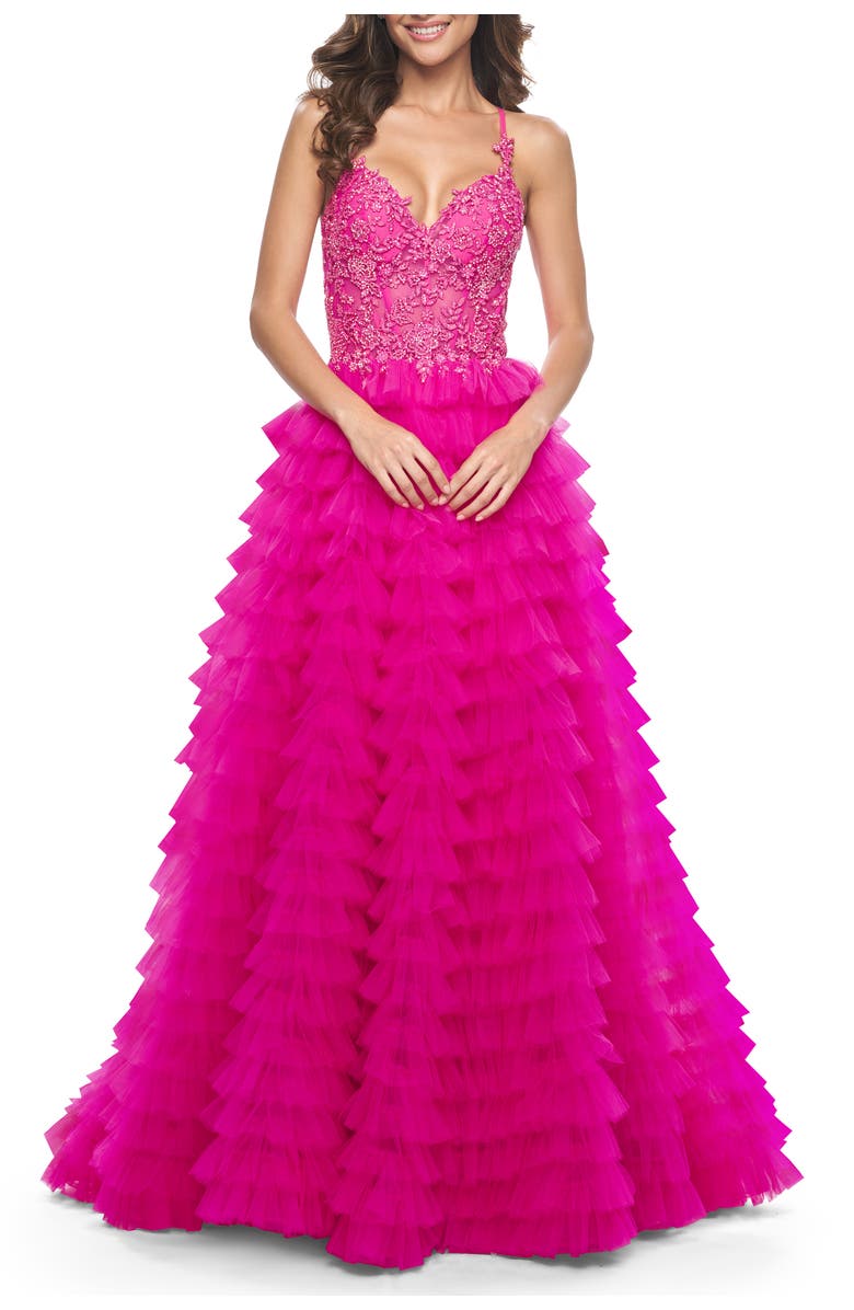 La Femme Neon Ruffle Tulle Prom Gown with Illusion Lace Bodice and High Slit, Alternate, color, Hot Fuchsia