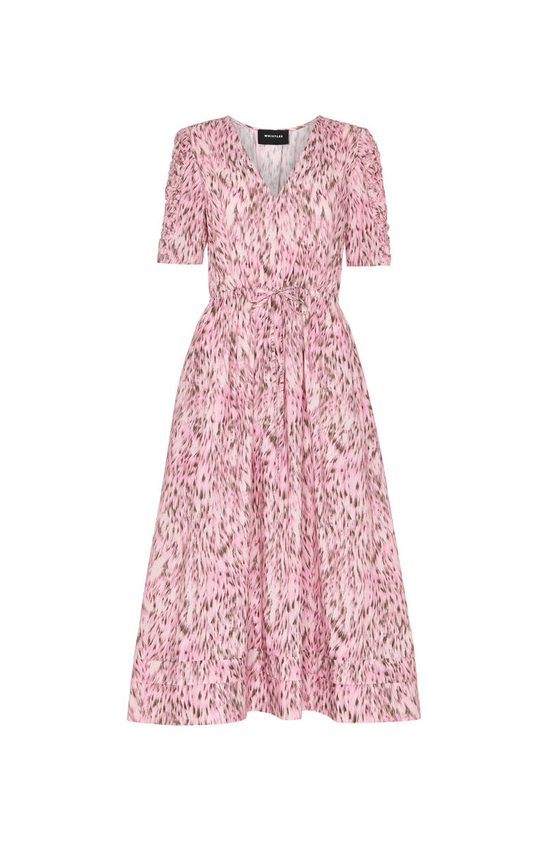 Whistles Short Sleeve V-Neck Printed Midi Dress, Alternate, color, Pink/Multi