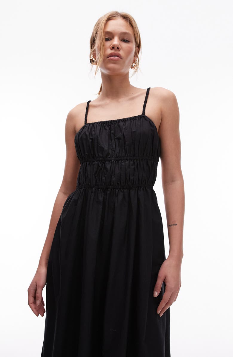 Topshop Shirred Cutout Cotton Poplin Midi Sundress, Alternate, color, Black