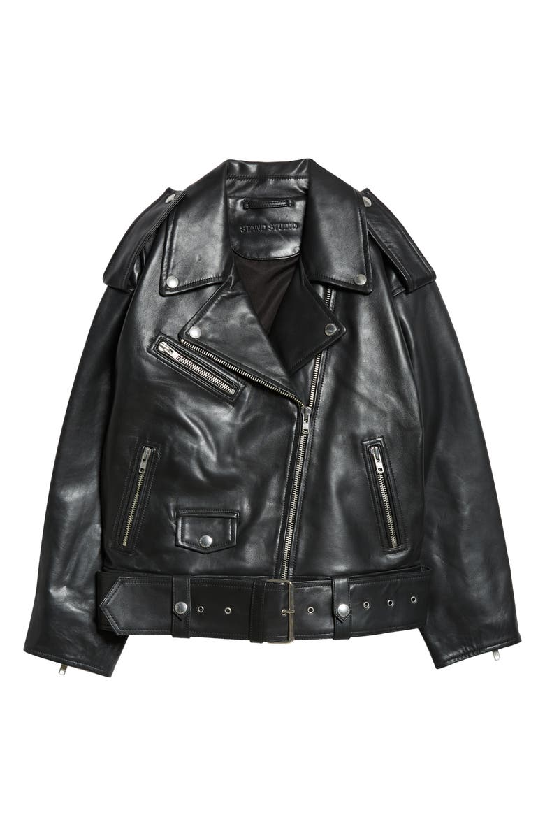 Stand Studio Isobelle Oversize Leather Moto Jacket, Alternate, color, 