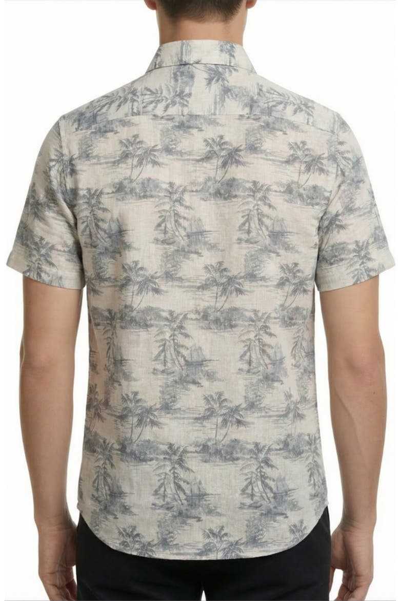 Beach Print Short Sleeve Linen & Cotton Blend Button-Up Shirt, Alternate, color, GREY