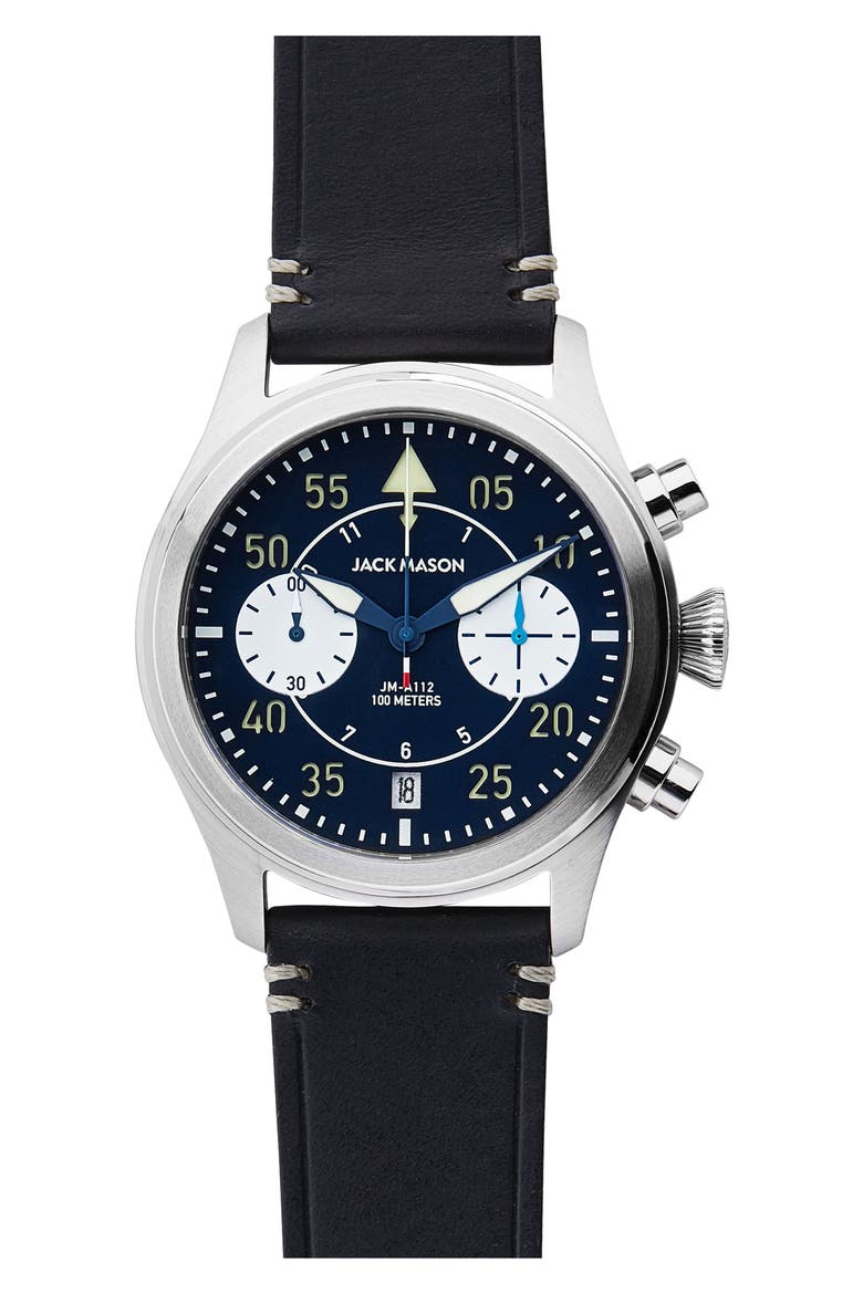 Aviation II Chronograph Leather Strap Watch, 42mm, Main, color, NAVY/ NAVY
