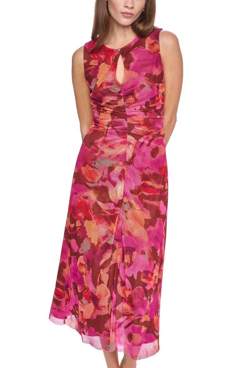 Sleeveless Mesh Keyhole Dress, Alternate, color, PINK BROWN MULTI