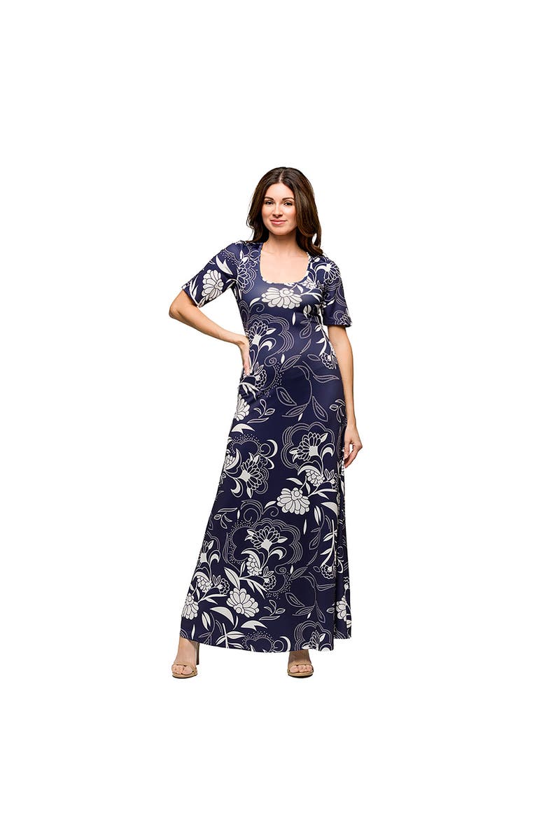 24seven Comfort Apparel Maternity Blue Floral Print Elbow Sleeve Casual A-Line Maxi Dress, Main, color, Blue Multi