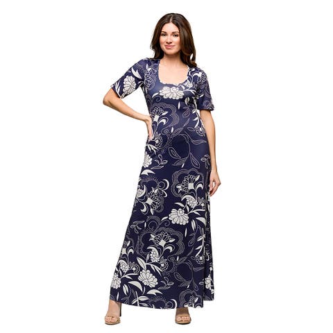 Maternity Blue Floral Print Elbow Sleeve Casual A-Line Maxi Dress