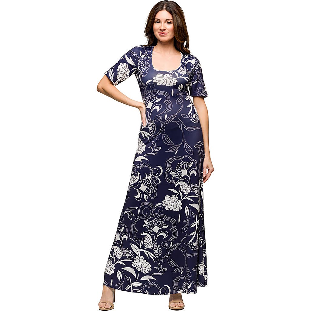 24seven Comfort Apparel Maternity Blue Floral Print Elbow Sleeve Casual A-line Maxi Dress