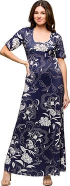 24seven Comfort Apparel Maternity Blue Floral Print Elbow Sleeve Casual A-Line Maxi Dress