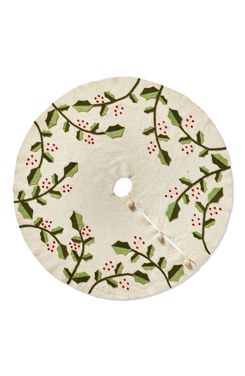 tag Holly and Berry Christmas Tree Skirt White Multi Felt, Main, color, White