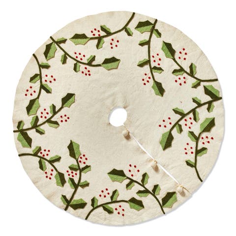 Holly and Berry Christmas Tree Skirt White Multi Felt