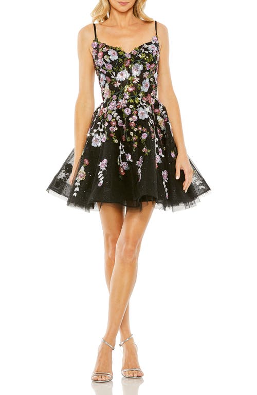 Mac Duggal Thin Strap Floral Embroidered Mini Dress In Black