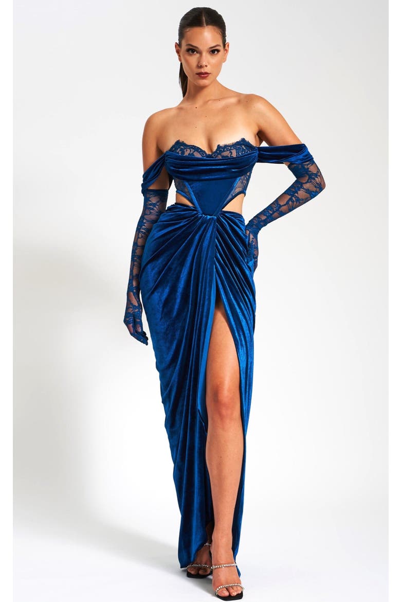 Quintesa Cutout Lace Velvet Off Shoulder Gown, Main, color, Blue